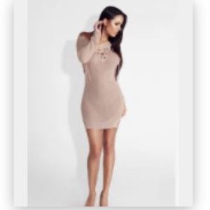 RARE - JLUXLABEL - Khaki Hamptons Semi Sheer Lace up Sweater Dress - M/L